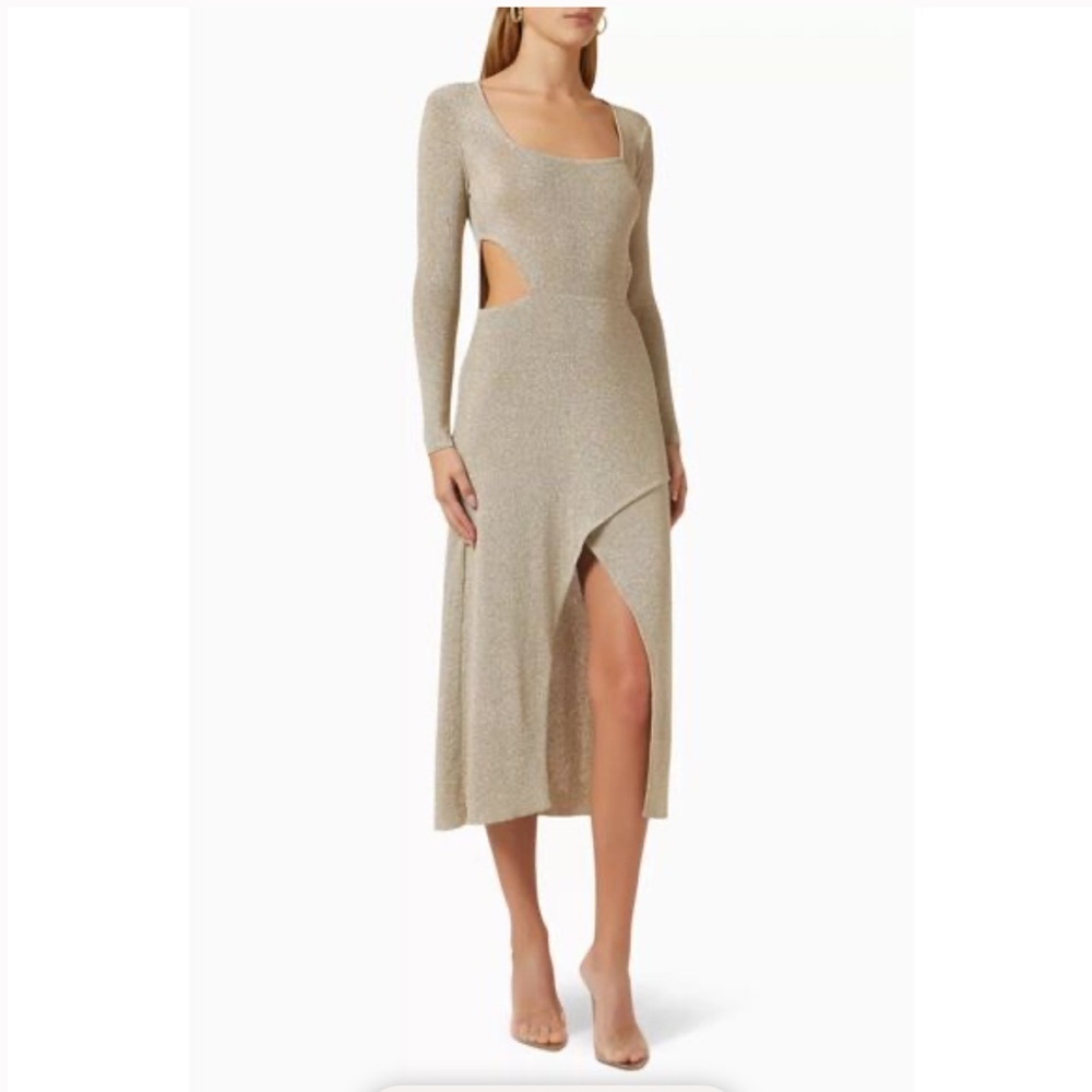 Misa Los Angeles Mina Cut Out Metallica Gold Midi Dress